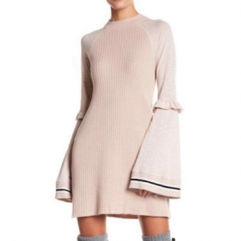 Free People blush mini sweater dress with bell sleeves